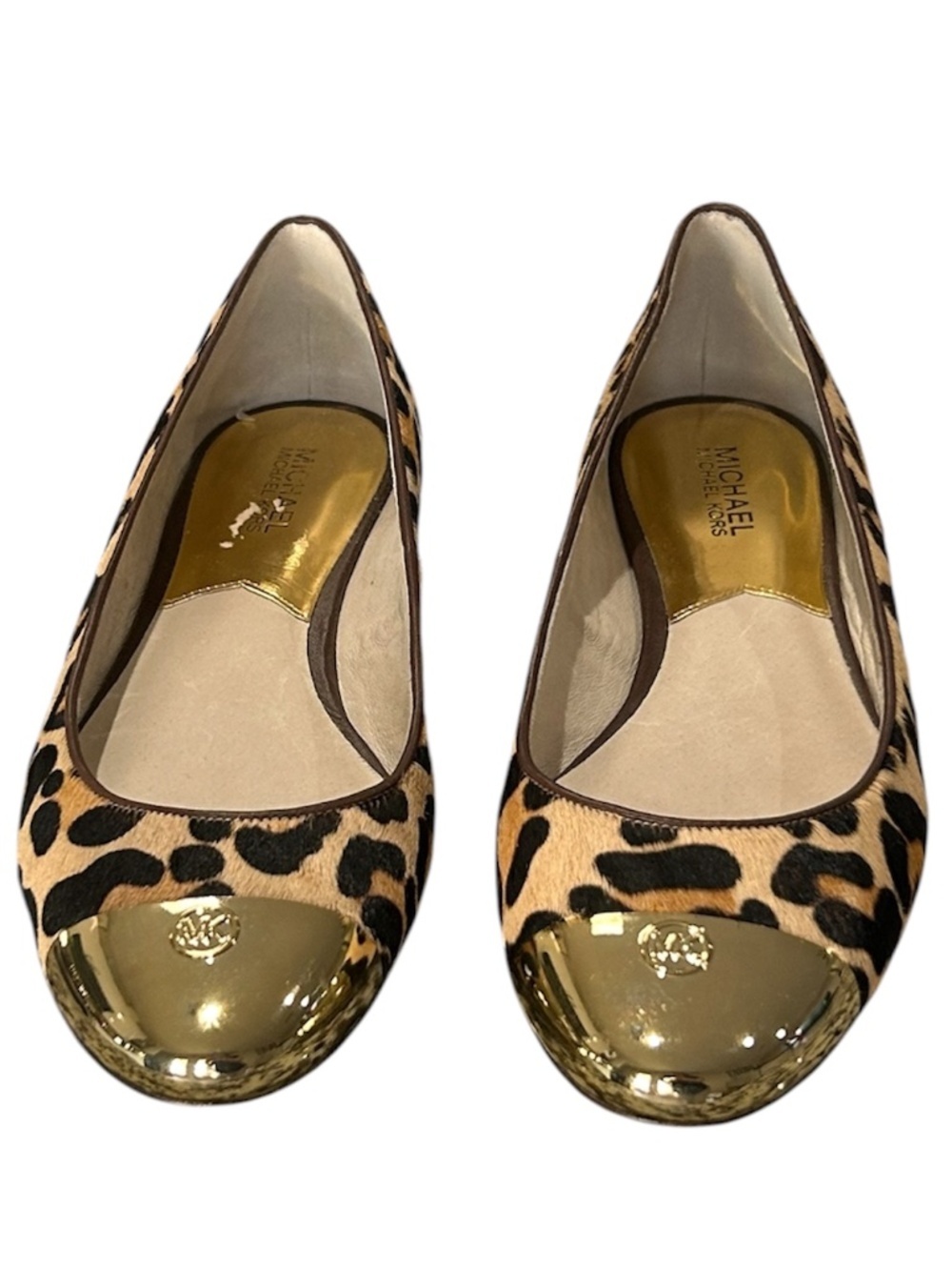 Michael Kors Leopard Print Ballet Flats Sz 10 M Round-toe Gold Tone MK Hardware